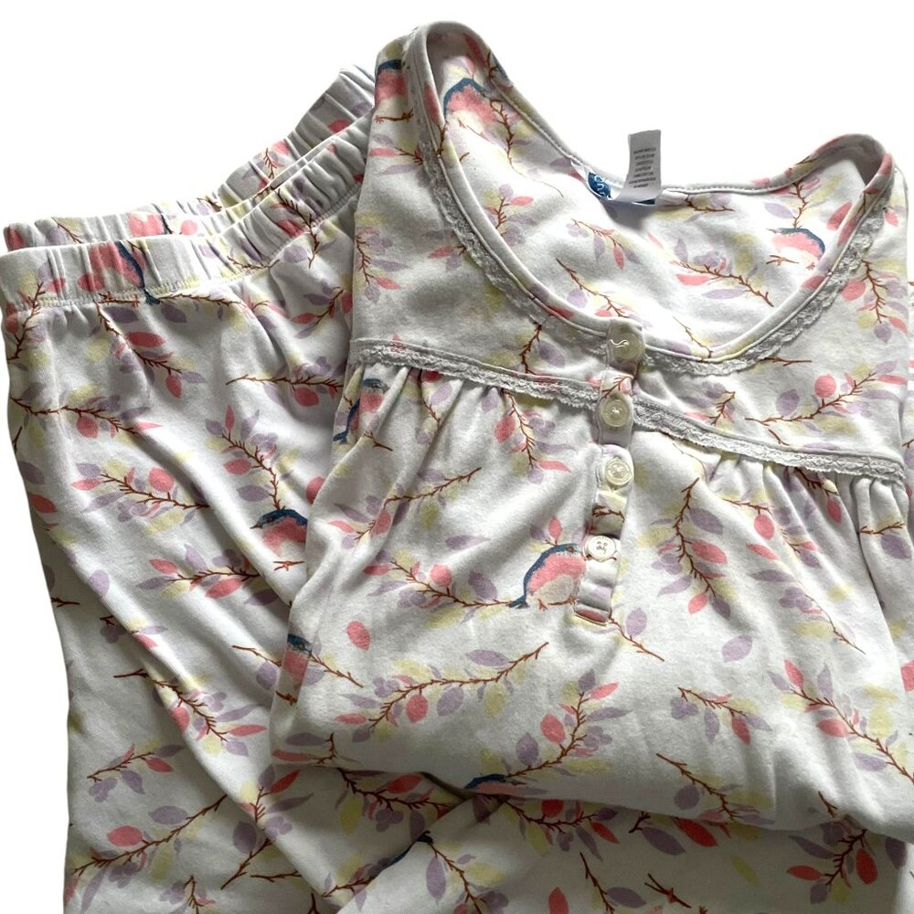 Cuddledown Pajama Set XXL 2X White Bird Floral Print Sleep Lounge Top Capri Pant